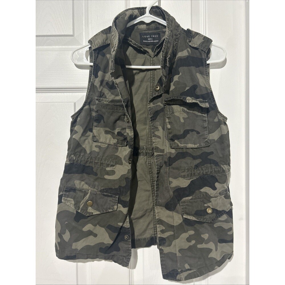 Love Tree Vest Womens Small Green Camo Utility Cargo Pockets Zip Front Cotton